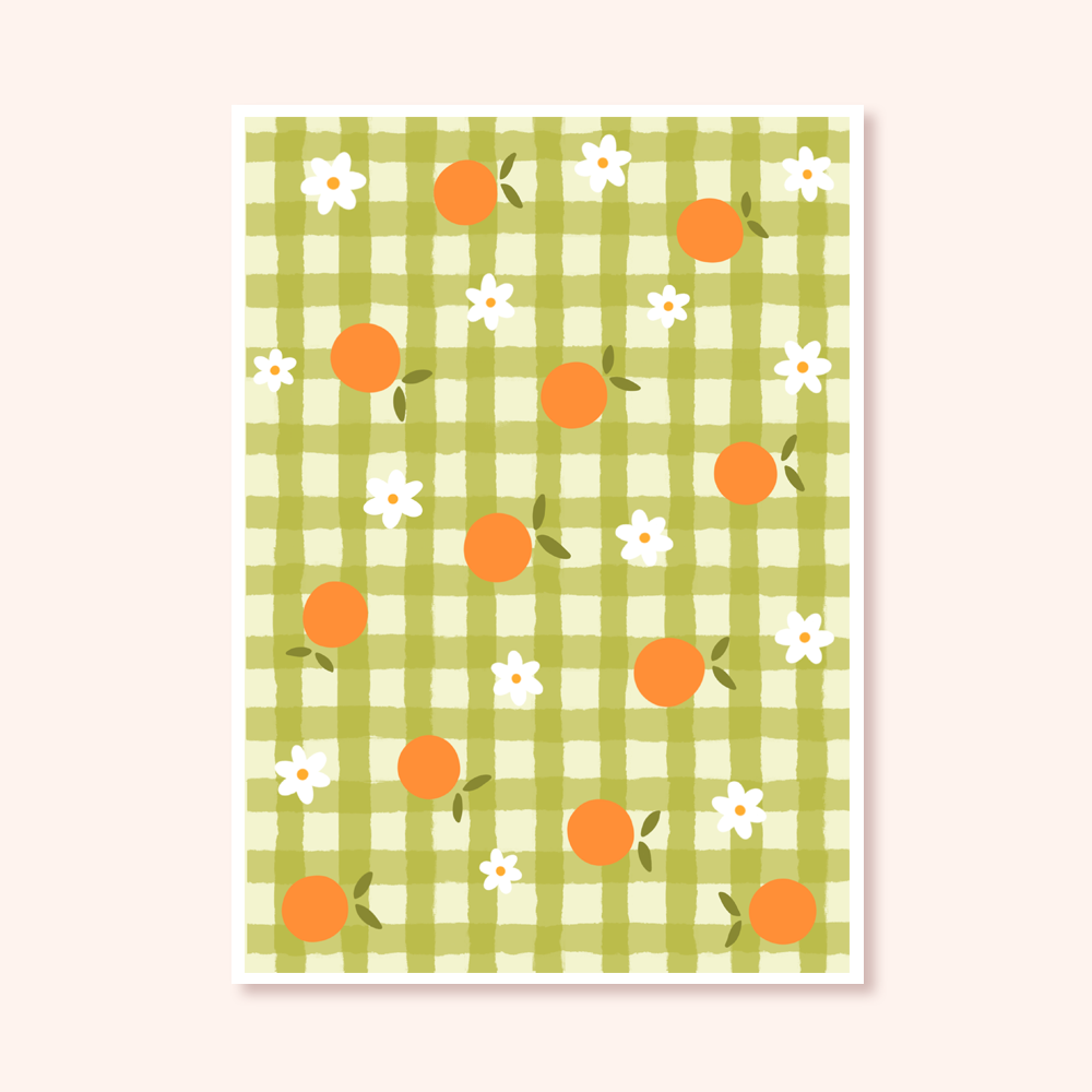 Oranges and Flowers Gingham Print