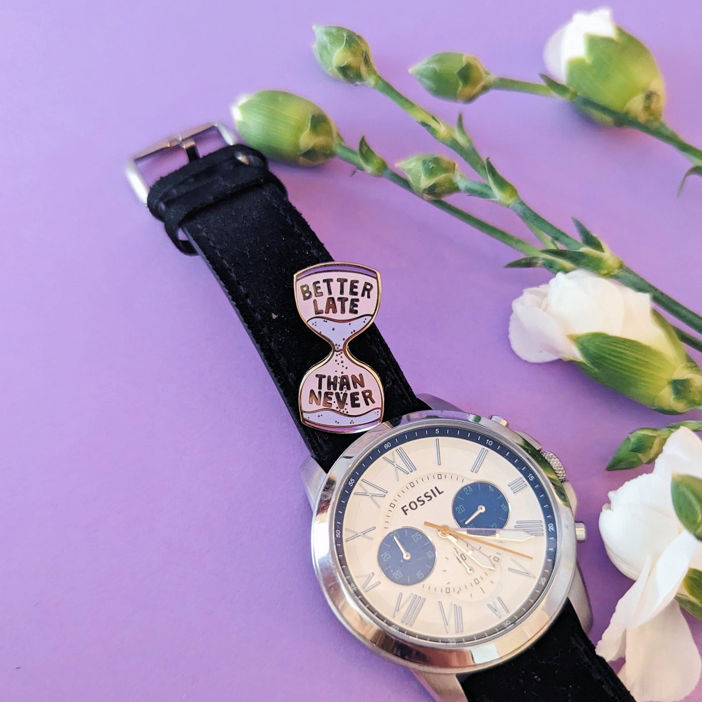 always late pin badge